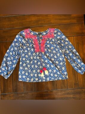 J. Crew Starina Blue & White Floral Voile Top Pink Embroidered Details Tassels M